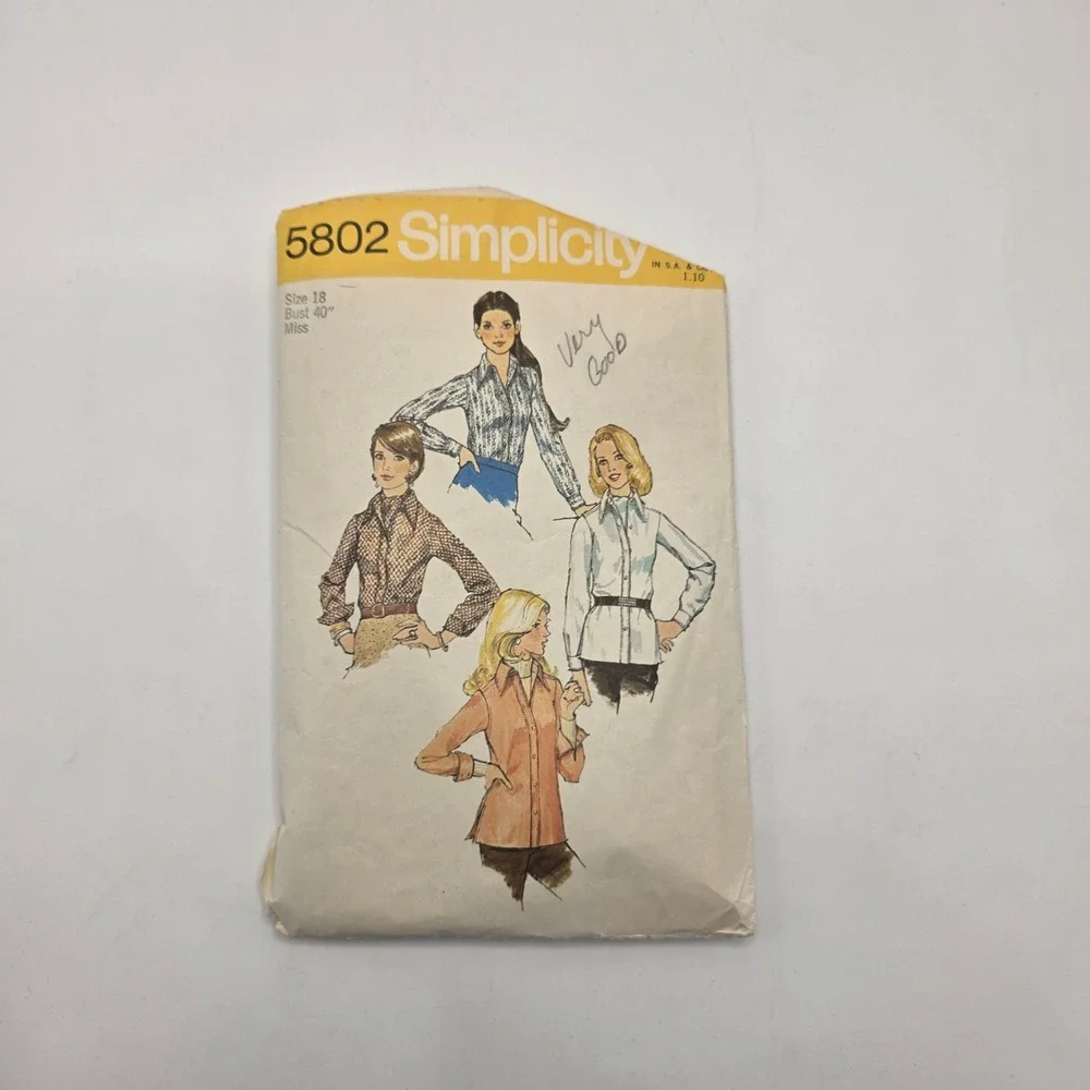 Simplicity 5802 Sewing Pattern 70s Misses Shirt Ascot Tie Size 18 Bust 40 Retro